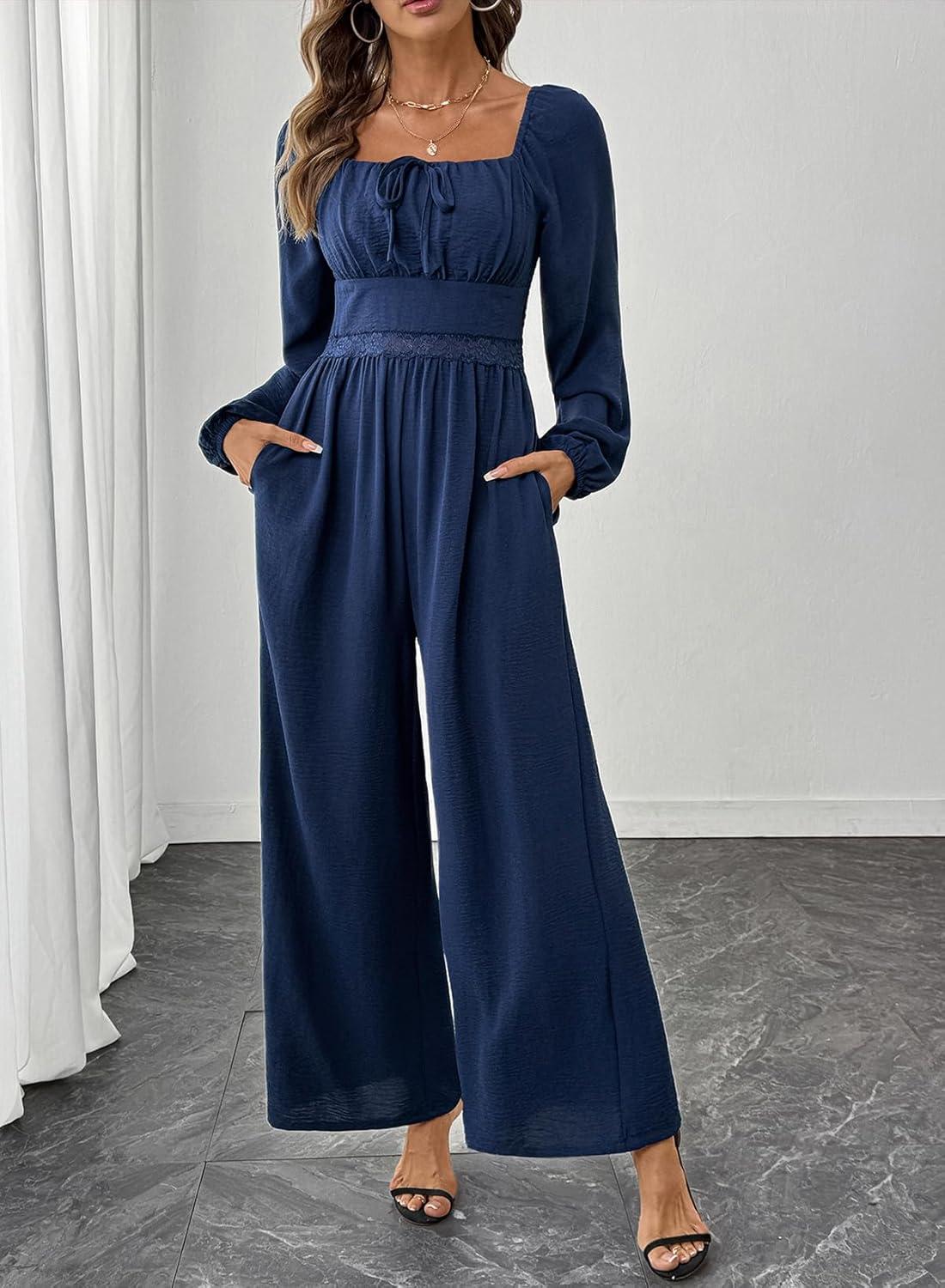 imageHappy Sailed Womens Long Sleeve Jumpsuits Loose Fit Overalls Square Neck Pockets High Waisted Wide Leg Pants RompersLacedark Blue