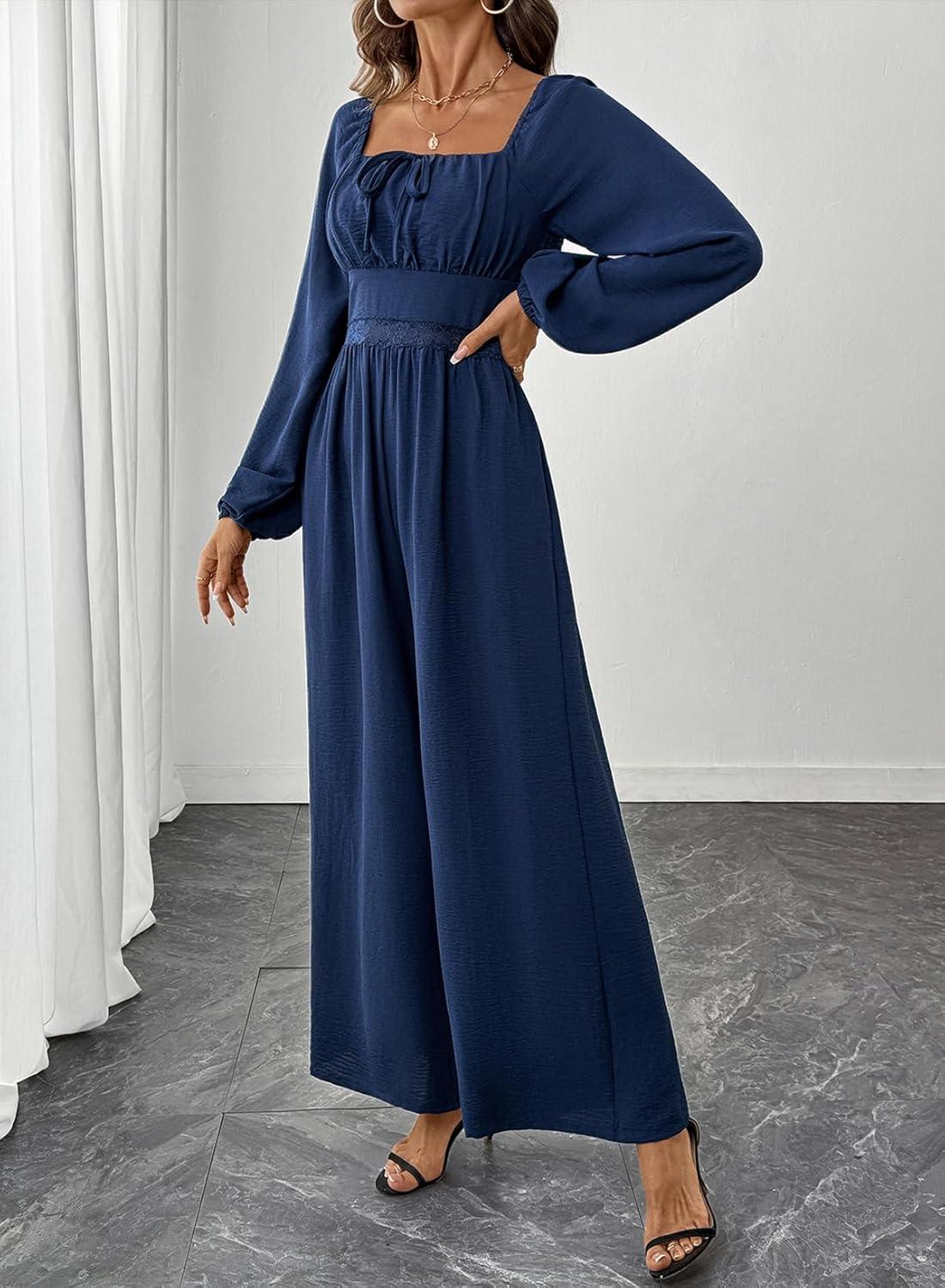 imageHappy Sailed Womens Long Sleeve Jumpsuits Loose Fit Overalls Square Neck Pockets High Waisted Wide Leg Pants RompersLacedark Blue