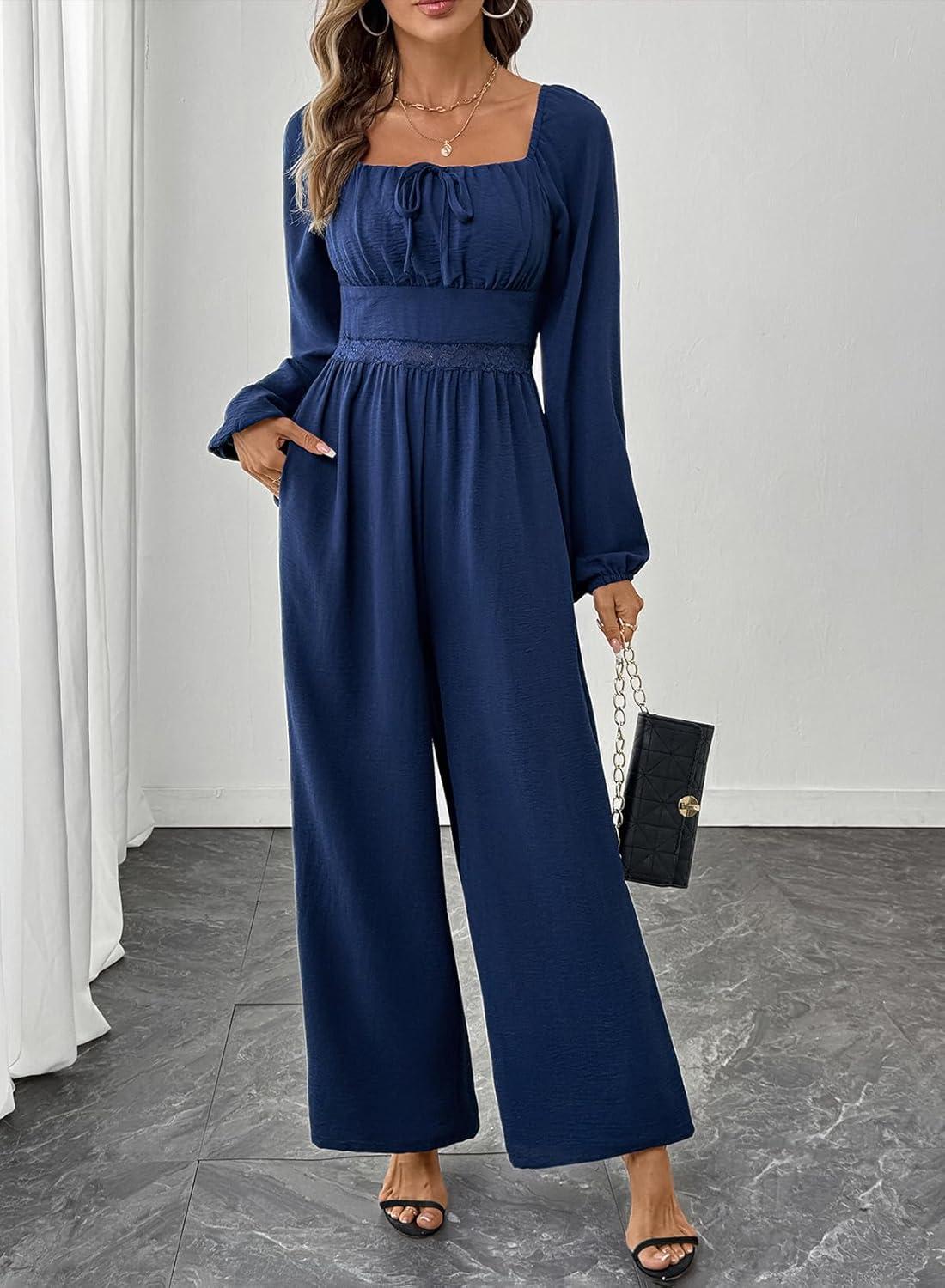 imageHappy Sailed Womens Long Sleeve Jumpsuits Loose Fit Overalls Square Neck Pockets High Waisted Wide Leg Pants RompersLacedark Blue