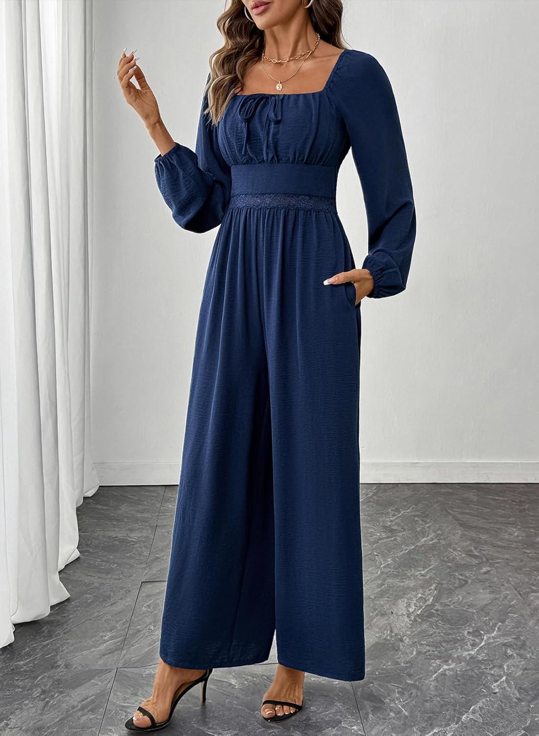 imageHappy Sailed Womens Long Sleeve Jumpsuits Loose Fit Overalls Square Neck Pockets High Waisted Wide Leg Pants RompersLacedark Blue