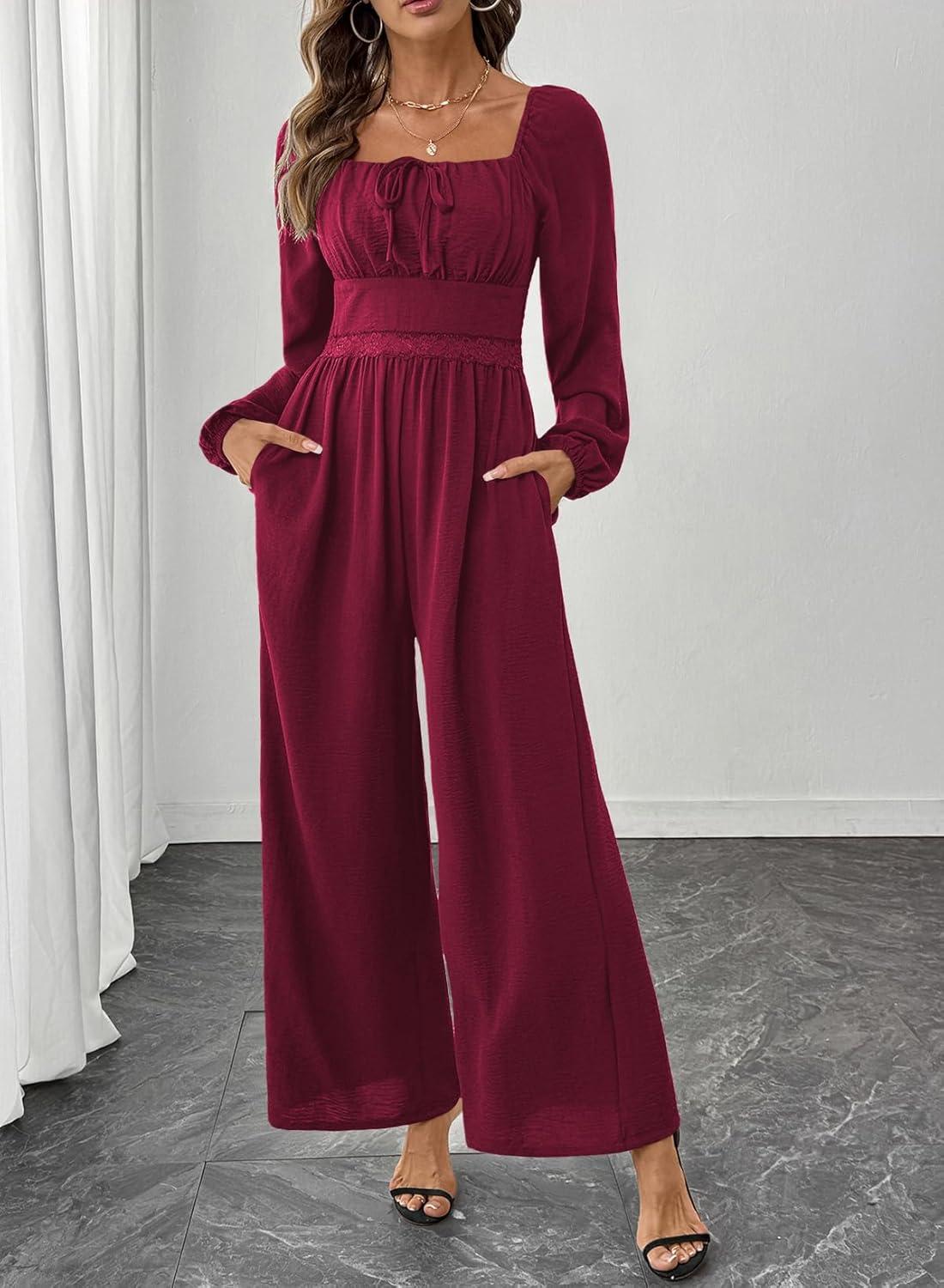 imageHappy Sailed Womens Long Sleeve Jumpsuits Loose Fit Overalls Square Neck Pockets High Waisted Wide Leg Pants RompersLacefiery Red