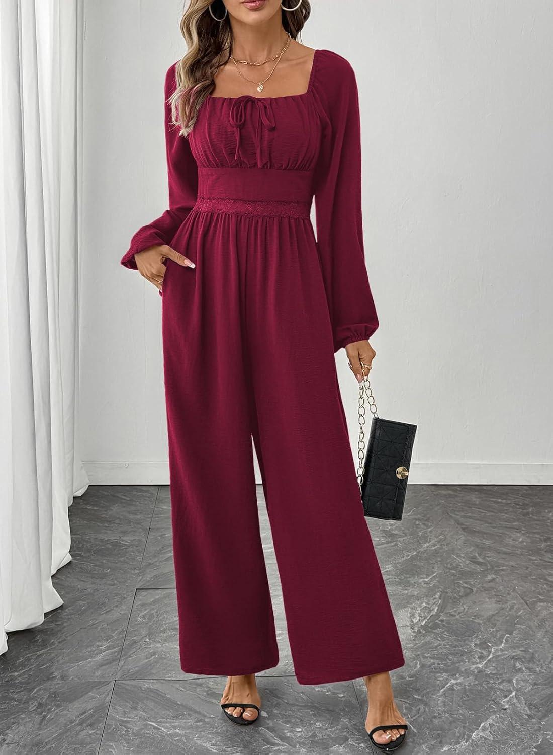 imageHappy Sailed Womens Long Sleeve Jumpsuits Loose Fit Overalls Square Neck Pockets High Waisted Wide Leg Pants RompersLacefiery Red