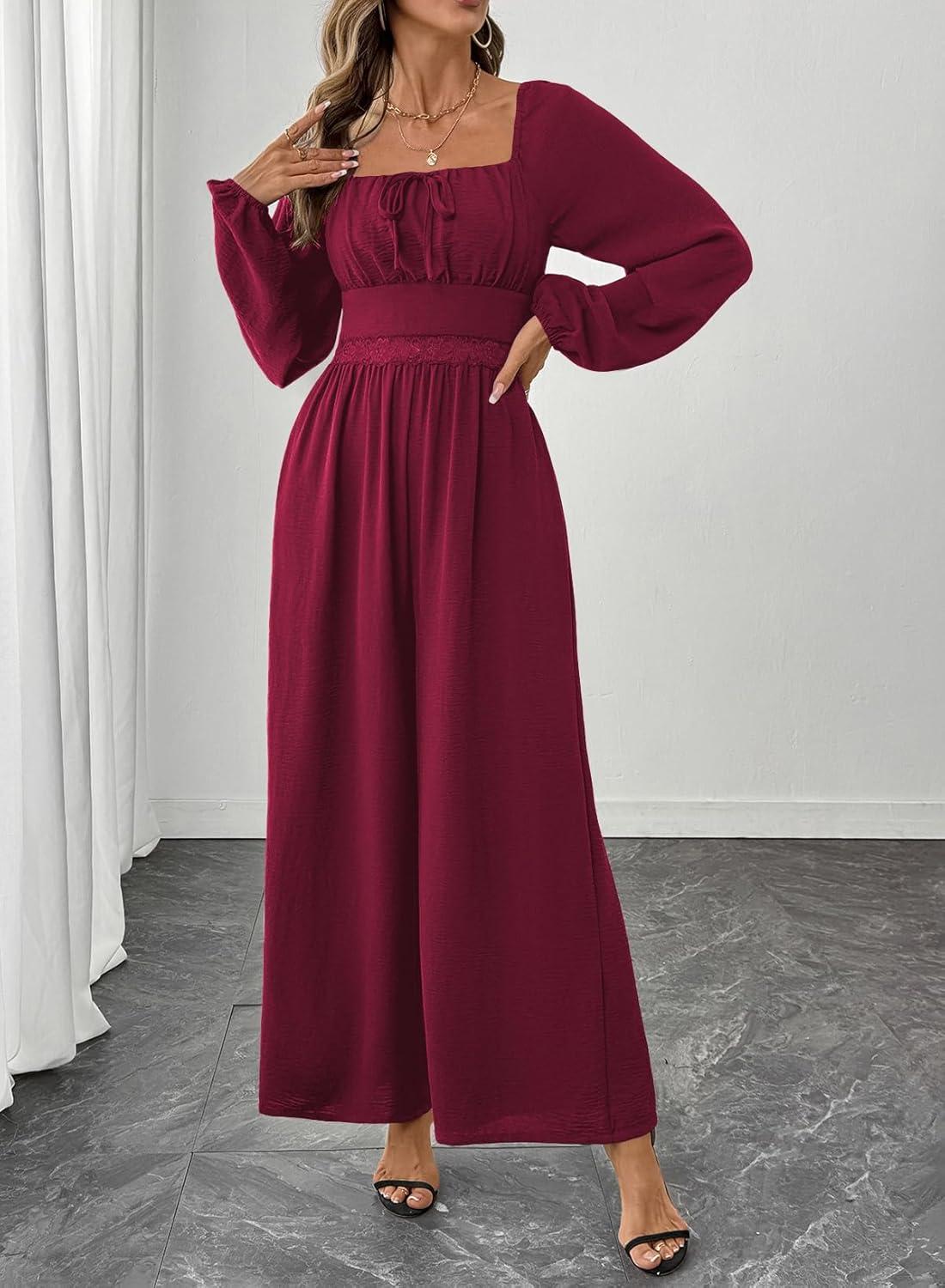 imageHappy Sailed Womens Long Sleeve Jumpsuits Loose Fit Overalls Square Neck Pockets High Waisted Wide Leg Pants RompersLacefiery Red