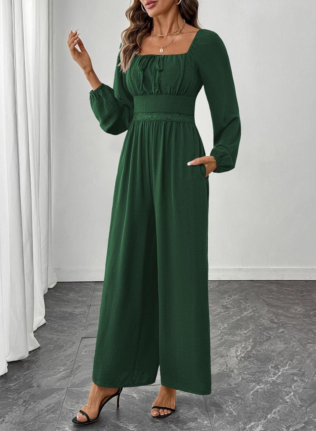 imageHappy Sailed Womens Long Sleeve Jumpsuits Loose Fit Overalls Square Neck Pockets High Waisted Wide Leg Pants RompersLacegreen