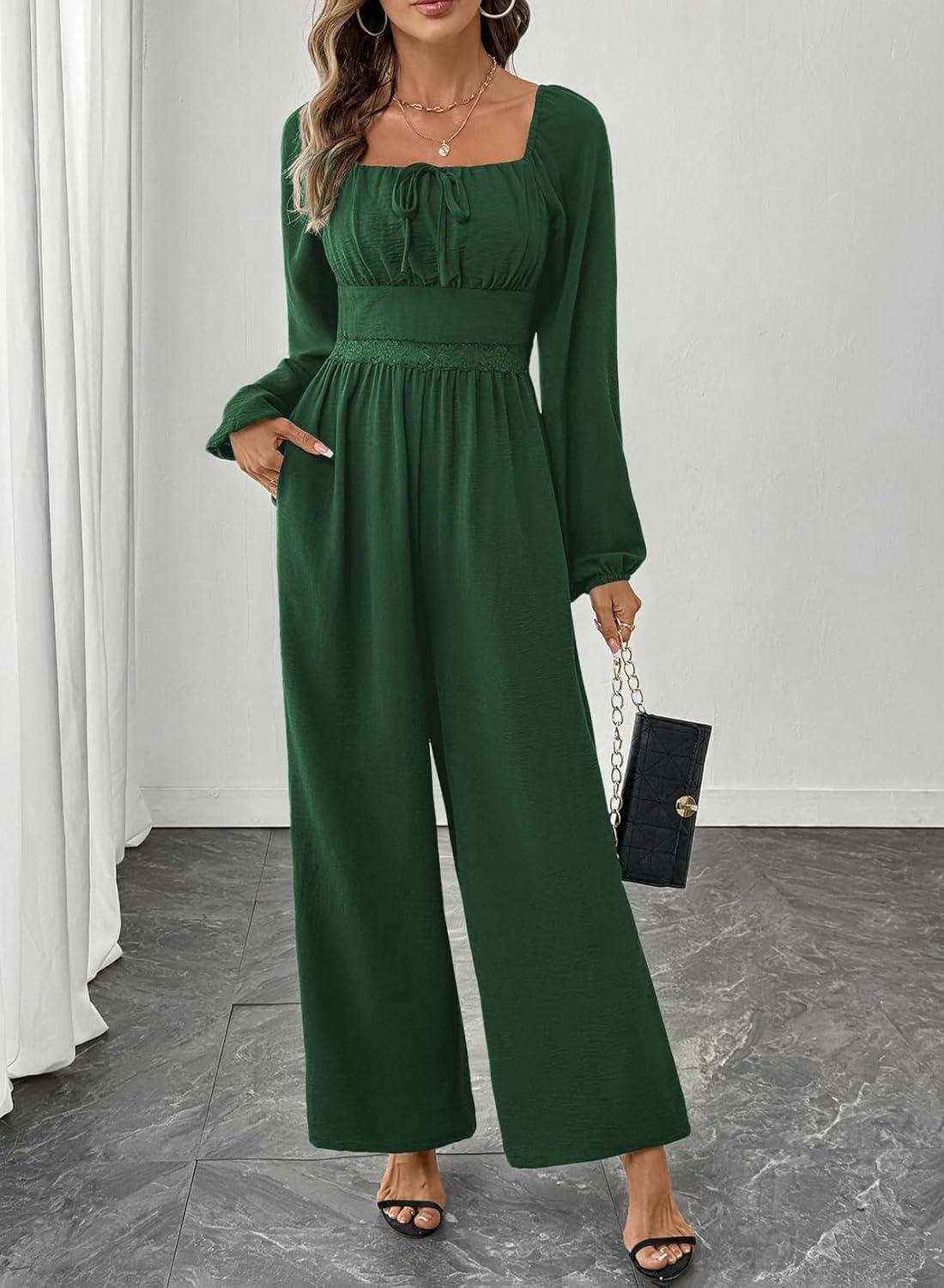 imageHappy Sailed Womens Long Sleeve Jumpsuits Loose Fit Overalls Square Neck Pockets High Waisted Wide Leg Pants RompersLacegreen
