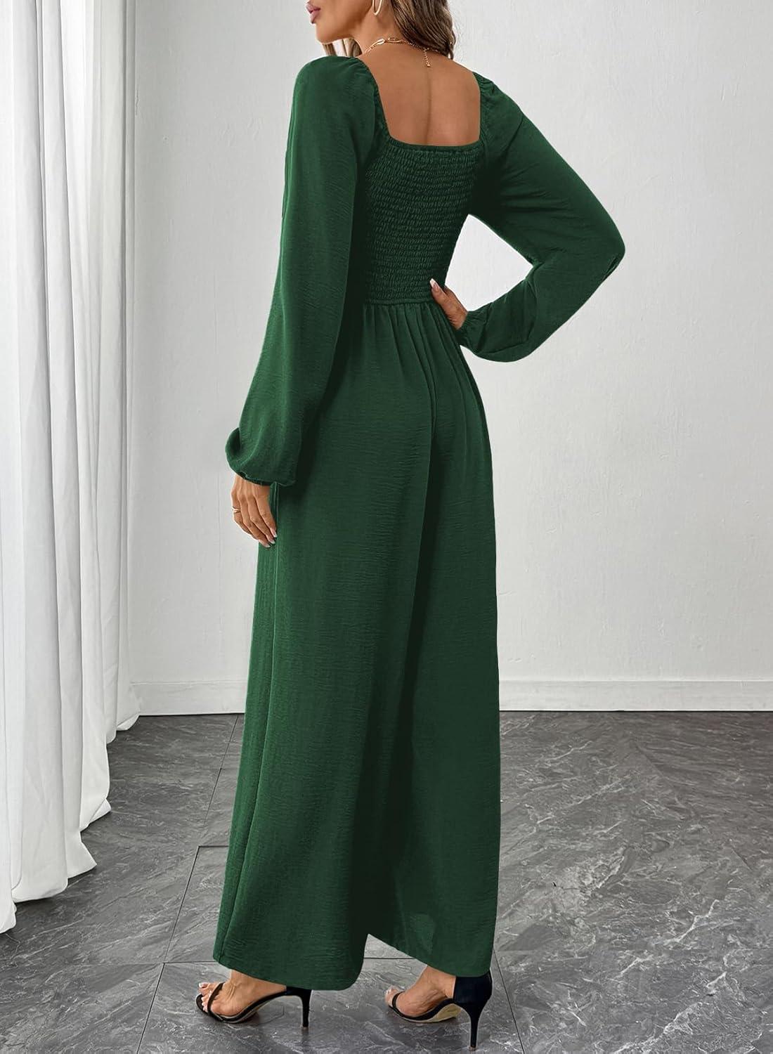 imageHappy Sailed Womens Long Sleeve Jumpsuits Loose Fit Overalls Square Neck Pockets High Waisted Wide Leg Pants RompersLacegreen