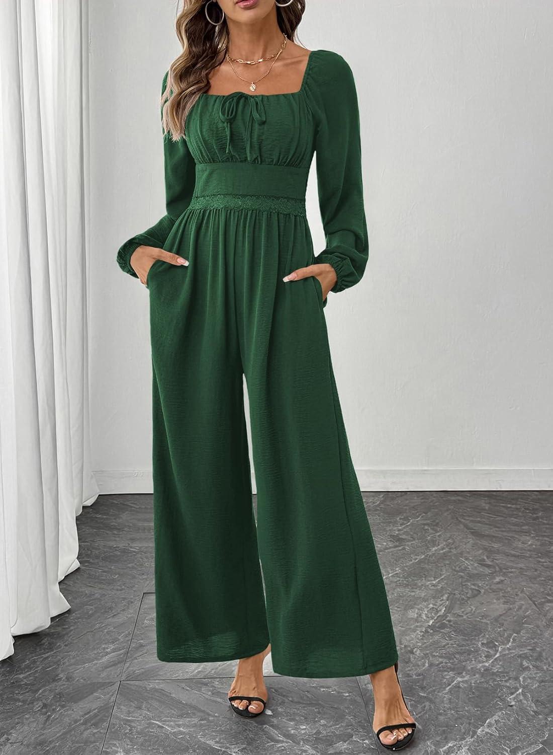 imageHappy Sailed Womens Long Sleeve Jumpsuits Loose Fit Overalls Square Neck Pockets High Waisted Wide Leg Pants RompersLacegreen