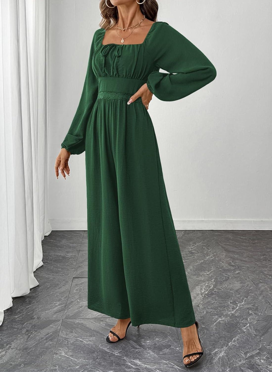 imageHappy Sailed Womens Long Sleeve Jumpsuits Loose Fit Overalls Square Neck Pockets High Waisted Wide Leg Pants RompersLacegreen