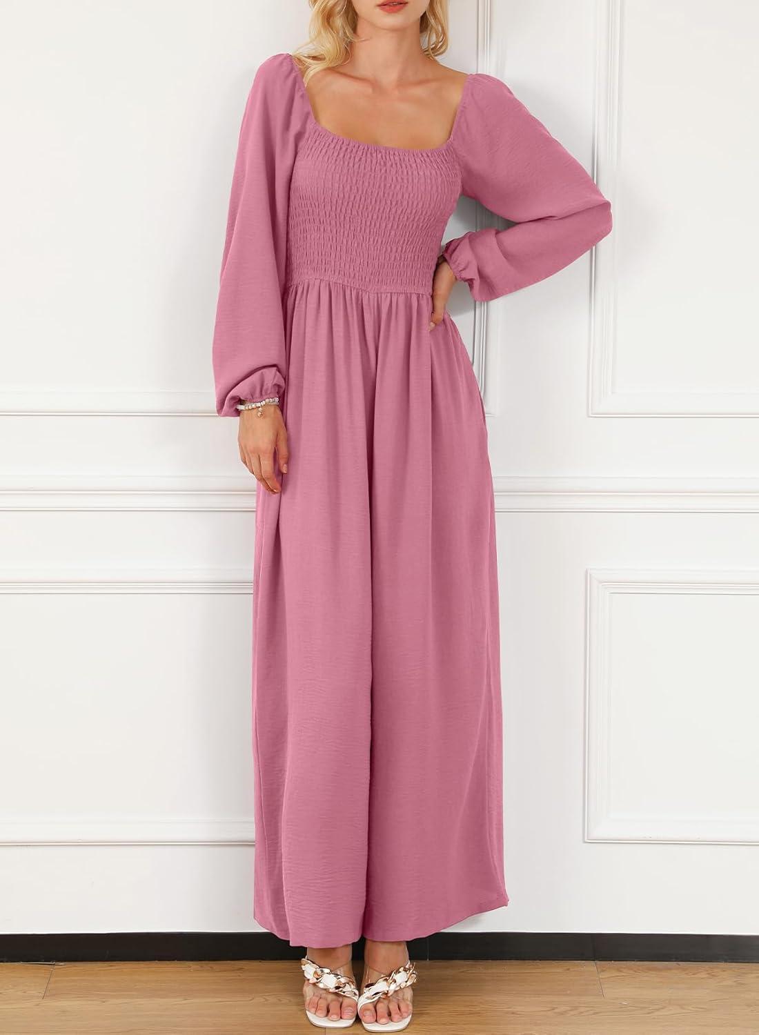 imageHappy Sailed Womens Long Sleeve Jumpsuits Loose Fit Overalls Square Neck Pockets High Waisted Wide Leg Pants RompersPink