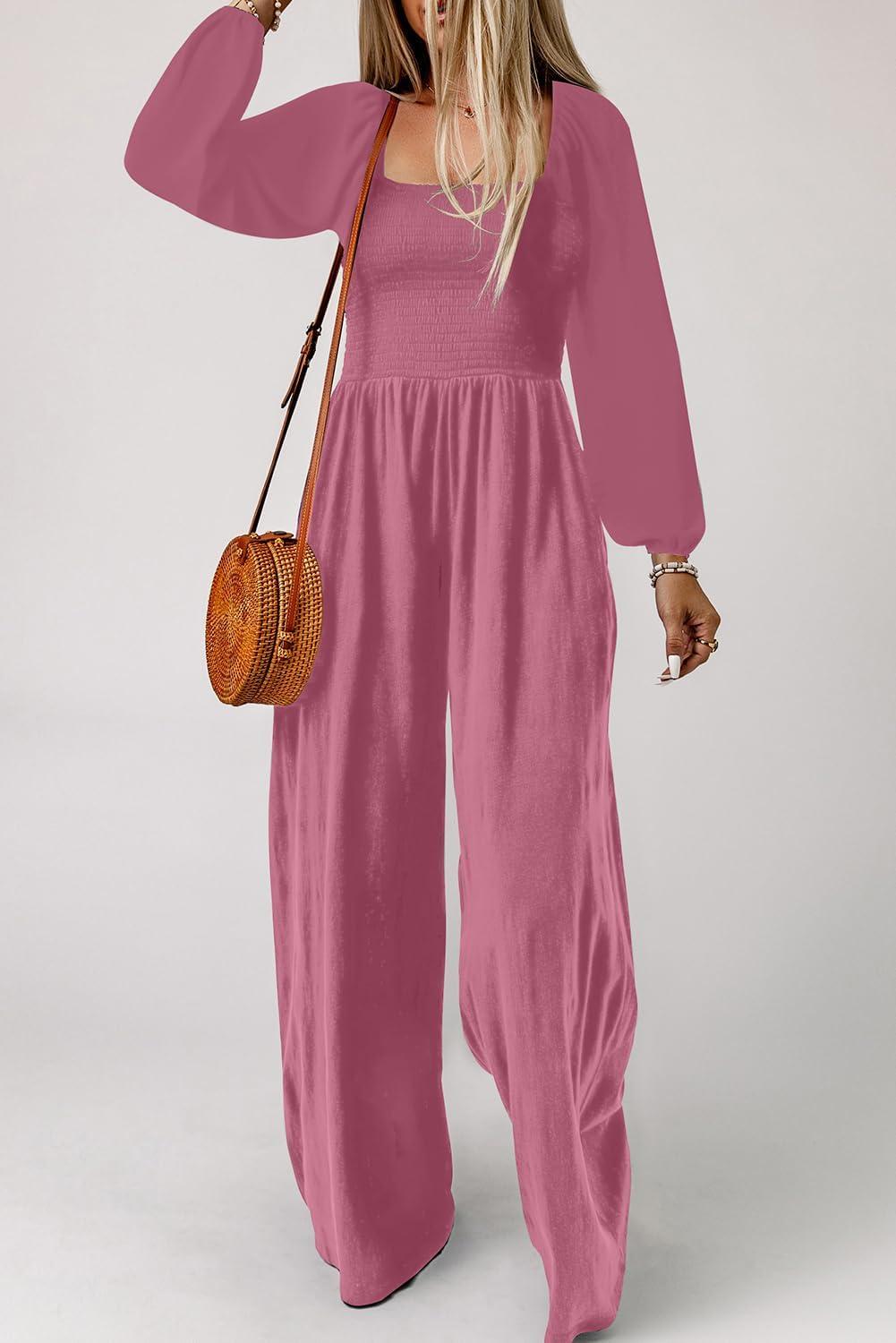 imageHappy Sailed Womens Long Sleeve Jumpsuits Loose Fit Overalls Square Neck Pockets High Waisted Wide Leg Pants RompersPink