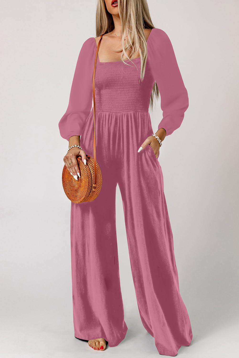 imageHappy Sailed Womens Long Sleeve Jumpsuits Loose Fit Overalls Square Neck Pockets High Waisted Wide Leg Pants RompersPink