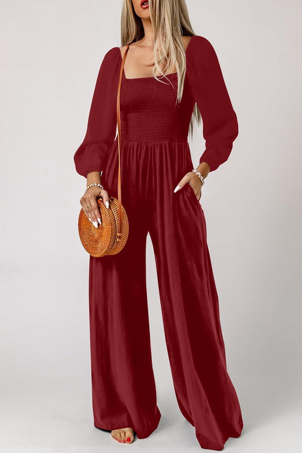 imageHappy Sailed Womens Long Sleeve Jumpsuits Loose Fit Overalls Square Neck Pockets High Waisted Wide Leg Pants RompersRed