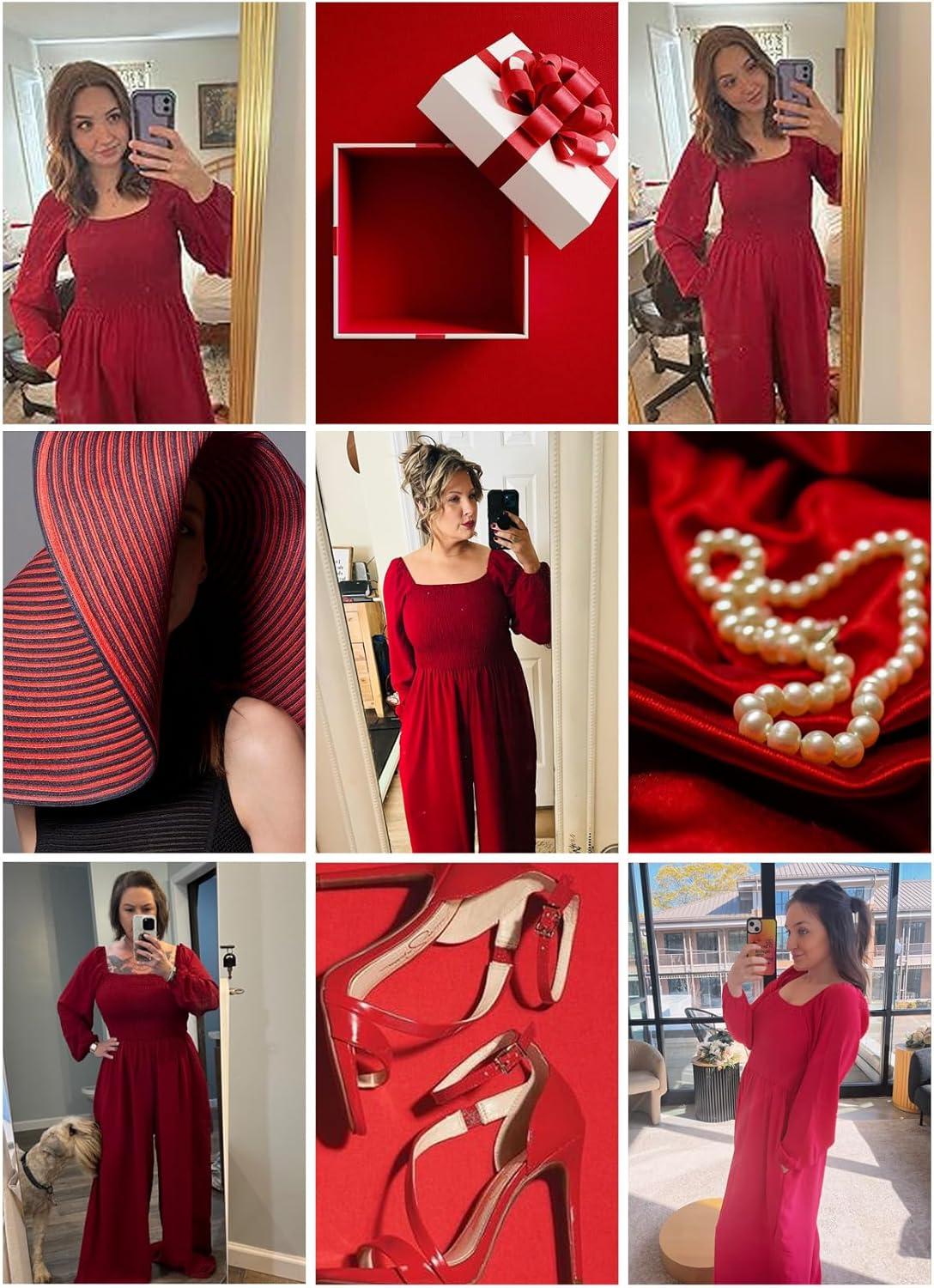 imageHappy Sailed Womens Long Sleeve Jumpsuits Loose Fit Overalls Square Neck Pockets High Waisted Wide Leg Pants RompersRed