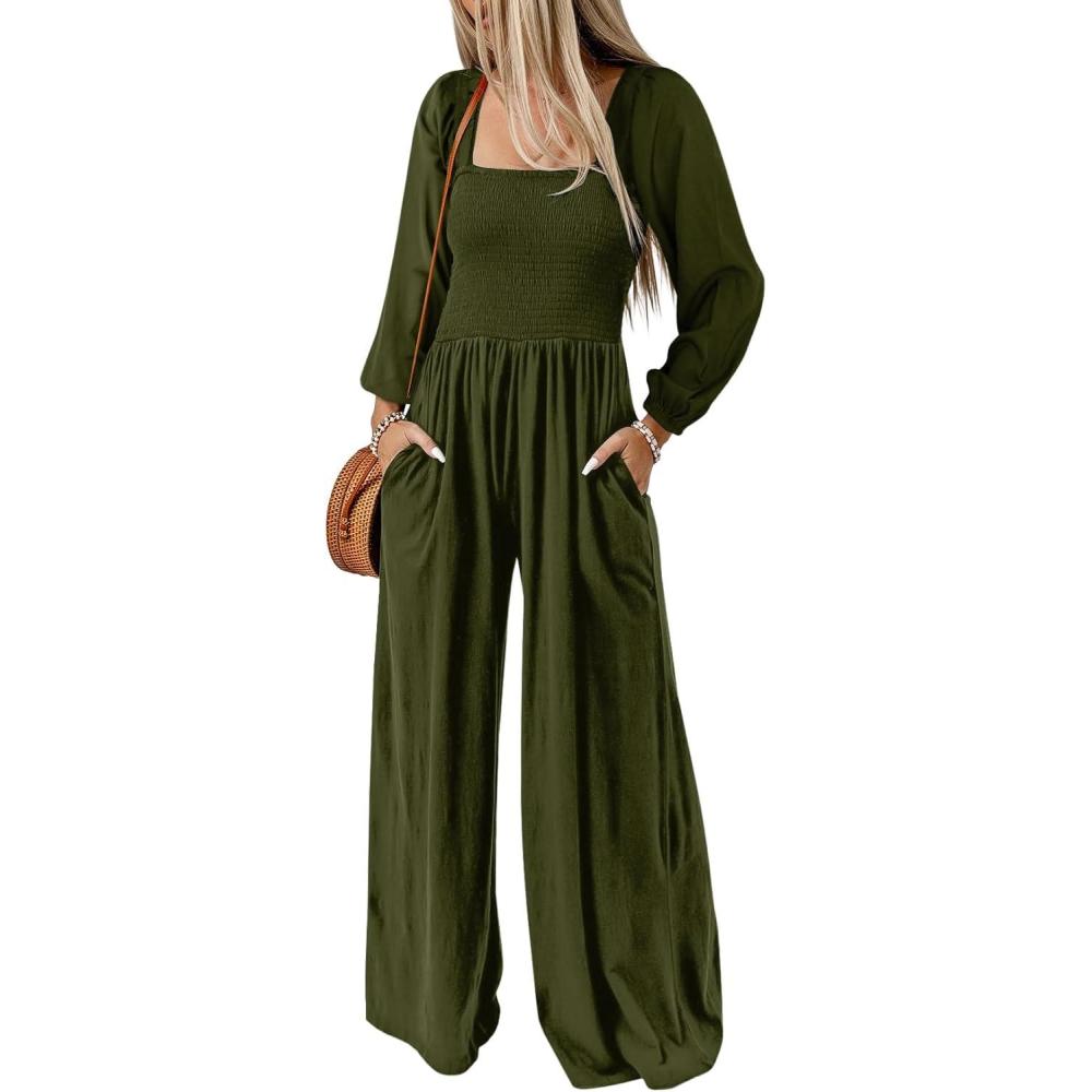 imageHappy Sailed Womens Long Sleeve Jumpsuits Loose Fit Overalls Square Neck Pockets High Waisted Wide Leg Pants RompersArmy Green