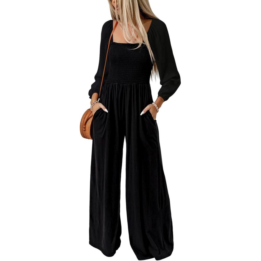 imageHappy Sailed Womens Long Sleeve Jumpsuits Loose Fit Overalls Square Neck Pockets High Waisted Wide Leg Pants RompersBlack