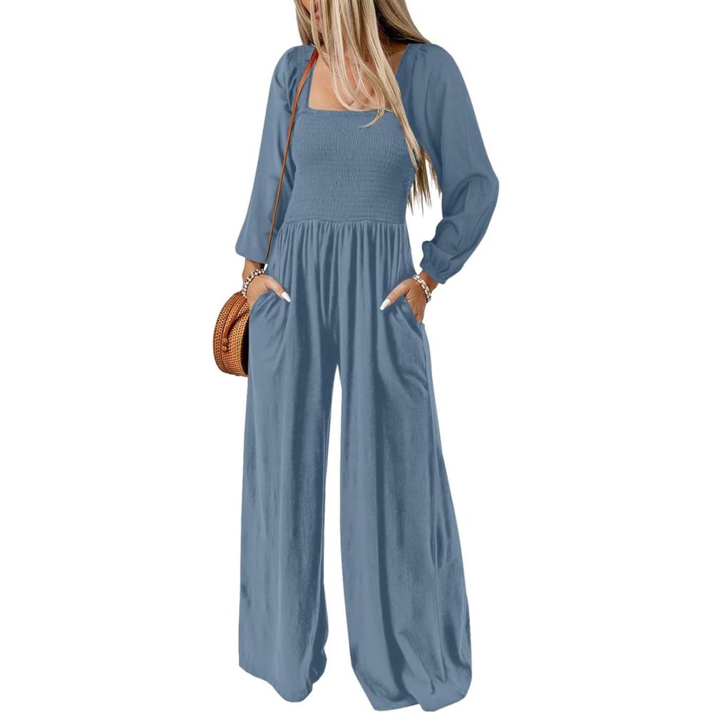 imageHappy Sailed Womens Long Sleeve Jumpsuits Loose Fit Overalls Square Neck Pockets High Waisted Wide Leg Pants RompersDusk Blue