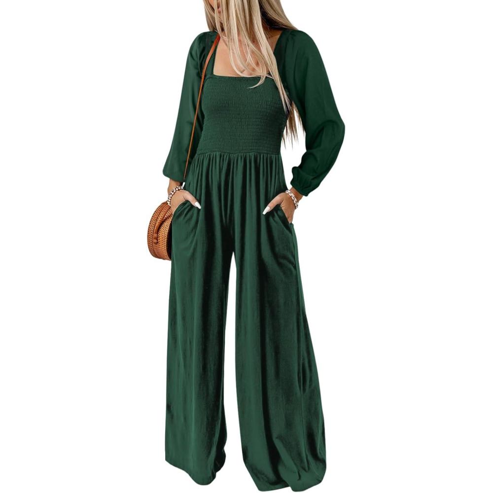 imageHappy Sailed Womens Long Sleeve Jumpsuits Loose Fit Overalls Square Neck Pockets High Waisted Wide Leg Pants RompersGreen