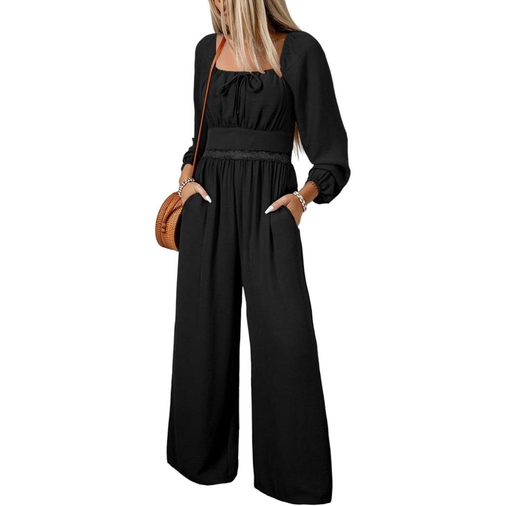 imageHappy Sailed Womens Long Sleeve Jumpsuits Loose Fit Overalls Square Neck Pockets High Waisted Wide Leg Pants RompersLaceblack