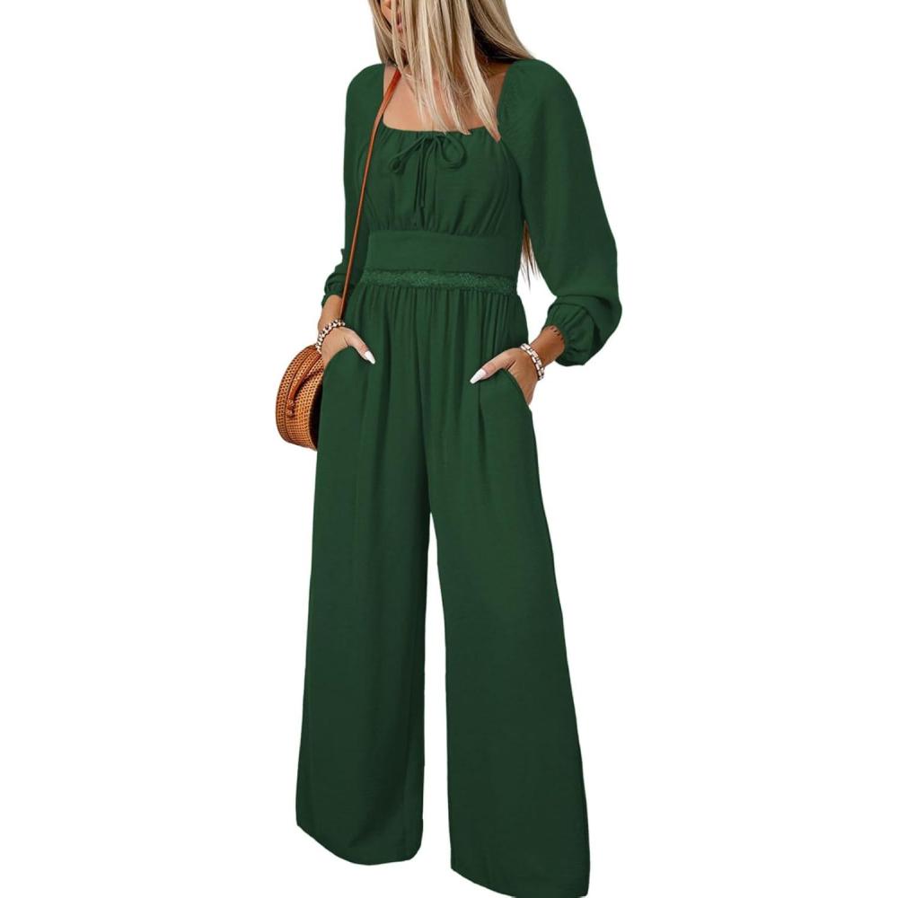 imageHappy Sailed Womens Long Sleeve Jumpsuits Loose Fit Overalls Square Neck Pockets High Waisted Wide Leg Pants RompersLacegreen
