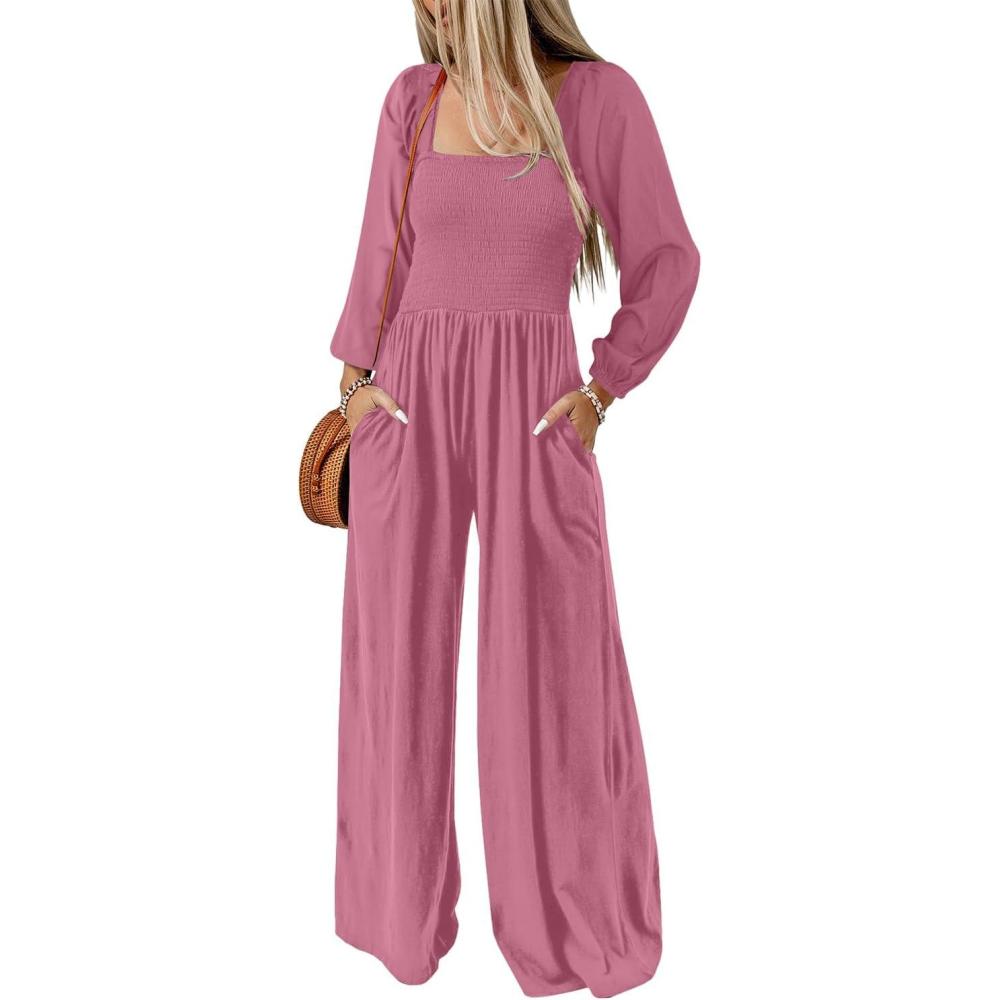 imageHappy Sailed Womens Long Sleeve Jumpsuits Loose Fit Overalls Square Neck Pockets High Waisted Wide Leg Pants RompersPink