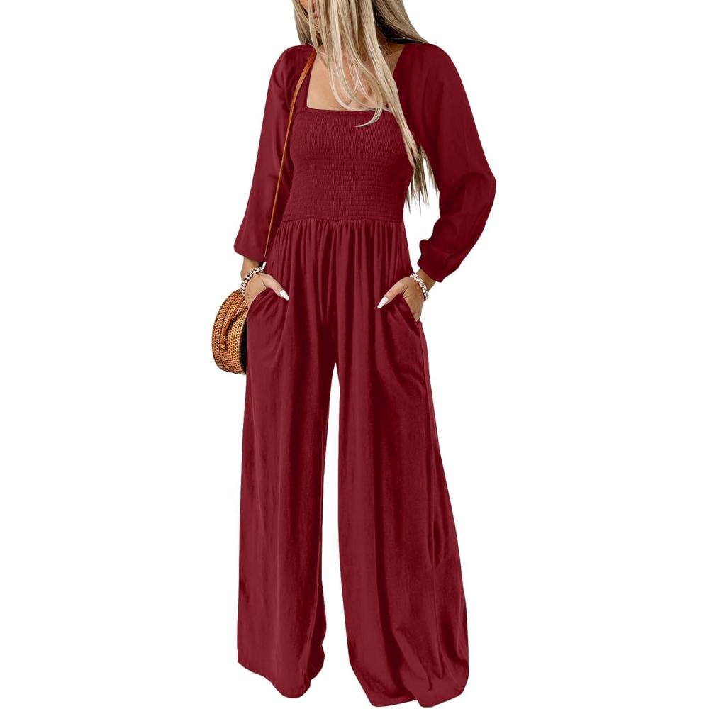 imageHappy Sailed Womens Long Sleeve Jumpsuits Loose Fit Overalls Square Neck Pockets High Waisted Wide Leg Pants RompersRed