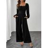 imageHappy Sailed Womens Long Sleeve Jumpsuits Loose Fit Overalls Square Neck Pockets High Waisted Wide Leg Pants RompersLaceblack