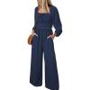 imageHappy Sailed Womens Long Sleeve Jumpsuits Loose Fit Overalls Square Neck Pockets High Waisted Wide Leg Pants RompersLacedark Blue