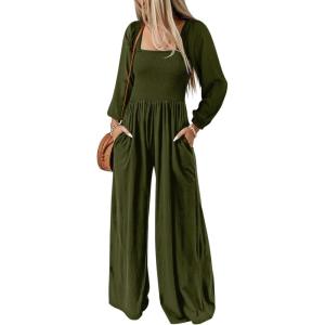 imageHappy Sailed Womens Long Sleeve Jumpsuits Loose Fit Overalls Square Neck Pockets High Waisted Wide Leg Pants RompersArmy Green