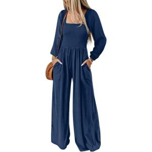 imageHappy Sailed Womens Long Sleeve Jumpsuits Loose Fit Overalls Square Neck Pockets High Waisted Wide Leg Pants RompersBlue