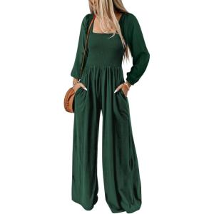 imageHappy Sailed Womens Long Sleeve Jumpsuits Loose Fit Overalls Square Neck Pockets High Waisted Wide Leg Pants RompersGreen