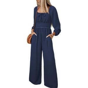 imageHappy Sailed Womens Long Sleeve Jumpsuits Loose Fit Overalls Square Neck Pockets High Waisted Wide Leg Pants RompersLacedark Blue