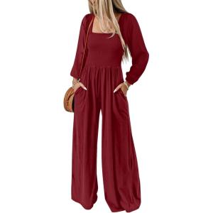 imageHappy Sailed Womens Long Sleeve Jumpsuits Loose Fit Overalls Square Neck Pockets High Waisted Wide Leg Pants RompersRed
