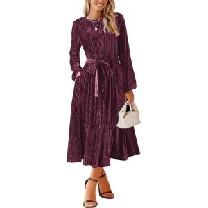imageHappy Sailed Womens Velvet Dress Fashion Fall Winter Long Sleeve High Waist ALine Semi Formal Wedding Guest DressesBurgundy