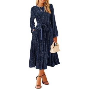 imageHappy Sailed Womens Velvet Dress Fashion Fall Winter Long Sleeve High Waist ALine Semi Formal Wedding Guest DressesNavy Blue