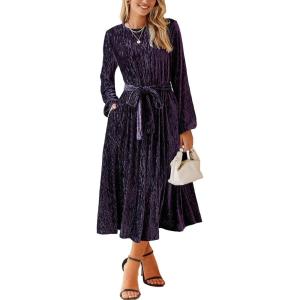imageHappy Sailed Womens Velvet Dress Fashion Fall Winter Long Sleeve High Waist ALine Semi Formal Wedding Guest DressesPurple
