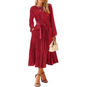 imageHappy Sailed Womens Velvet Dress Fashion Fall Winter Long Sleeve High Waist ALine Semi Formal Wedding Guest DressesRed