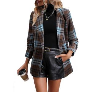 imageHappy Sailed Womens Plaid Blazer Classic Lapel Collar Double Breasted Open Front Blazers Jackets Work Suit with PocketsBlue