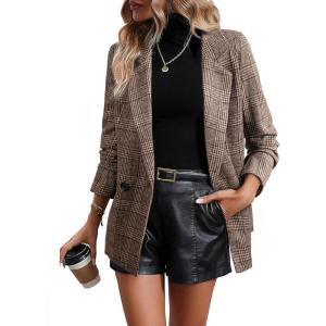 imageHappy Sailed Womens Plaid Blazer Classic Lapel Collar Double Breasted Open Front Blazers Jackets Work Suit with PocketsCoffee