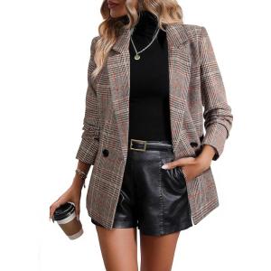 imageHappy Sailed Womens Plaid Blazer Classic Lapel Collar Double Breasted Open Front Blazers Jackets Work Suit with PocketsDark Khaki