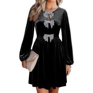 imageHappy Sailed Womens Velvet Dress Fall Winter Long Sleeve Bowknot High Waisted A Line Cocktail Dresses for Wedding GuestBlack