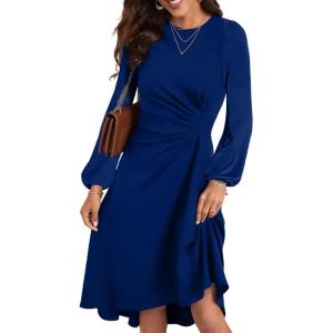 imageHappy Sailed Womens Long Sleeve Ruched Waist Flowy A Line High Low Midi Cocktail Party DressNavy Blue