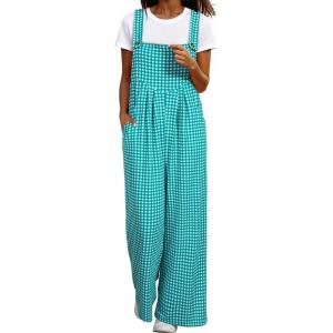 imageHappy Sailed Womens Plaid Overalls Casual Loose Sleeveless Adjustable Straps Wide Leg Pants Jumpsuit with PocketsBlue