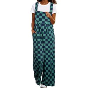 imageHappy Sailed Womens Plaid Overalls Casual Loose Sleeveless Adjustable Straps Wide Leg Pants Jumpsuit with PocketsGreen