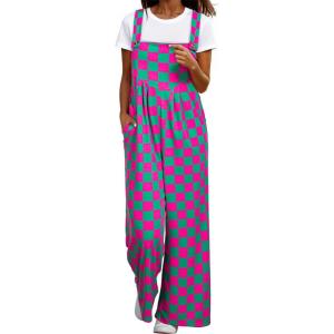 imageHappy Sailed Womens Plaid Overalls Casual Loose Sleeveless Adjustable Straps Wide Leg Pants Jumpsuit with PocketsPink