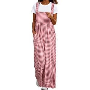 imageHappy Sailed Womens Plaid Overalls Casual Loose Sleeveless Adjustable Straps Wide Leg Pants Jumpsuit with PocketsRed