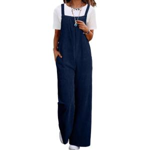 image:imageHappy Sailed Womens Corduroy Overalls Winter Fall Casual Sleeveless Adjustable Strap Wide Leg Long Pants RompersNavy Blue