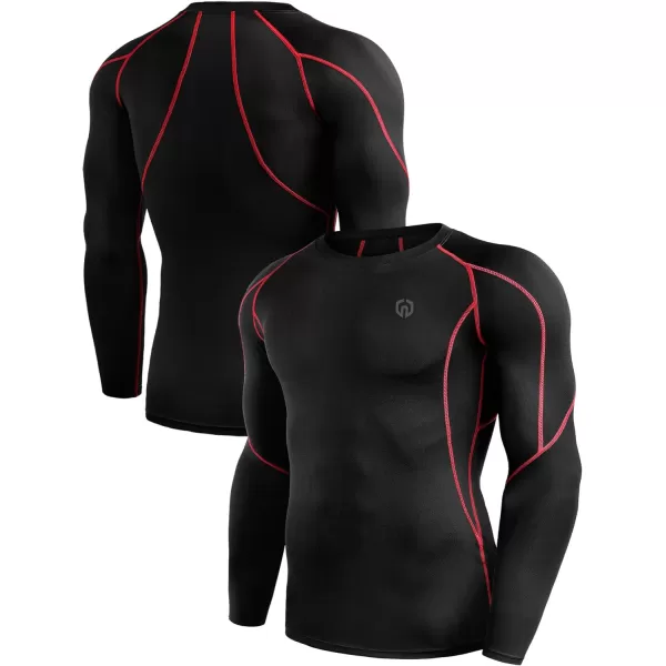 NELEUS Mens 3 Pack Dry Fit Long Sleeve Compression Shirts Workout Running Shirts5030 Black Red StripeGreyBlue3 Pack