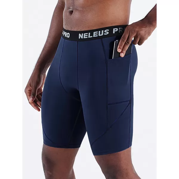 NELEUS Mens 3 Pack Running Compression Shorts with Pockets6082 BlackGreyNavy Blue3 Pack