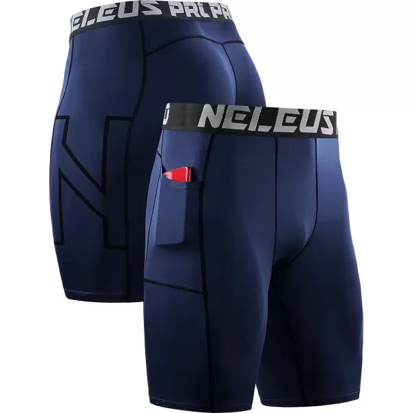 NELEUS Mens 3 Pack Running Compression Shorts with Pockets6087 BlackGreyNavy3 Pack