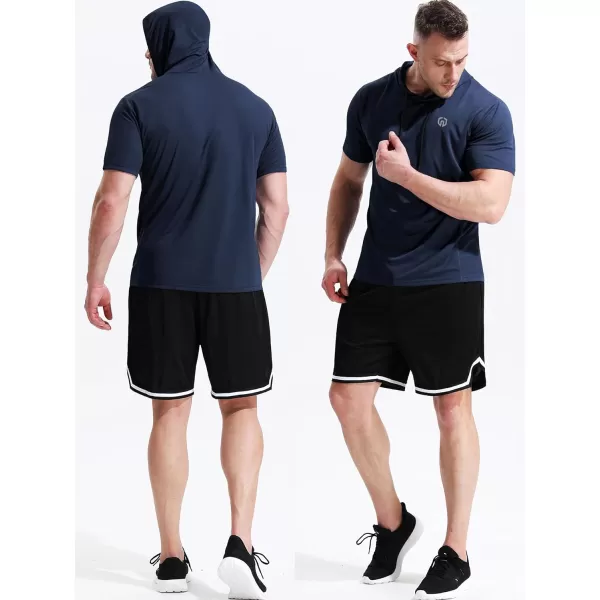 NELEUS Mens 3 Pack Running Shirt Mesh Workout Athletic Shirts with Hoods5084 2 PackredNavy Blue